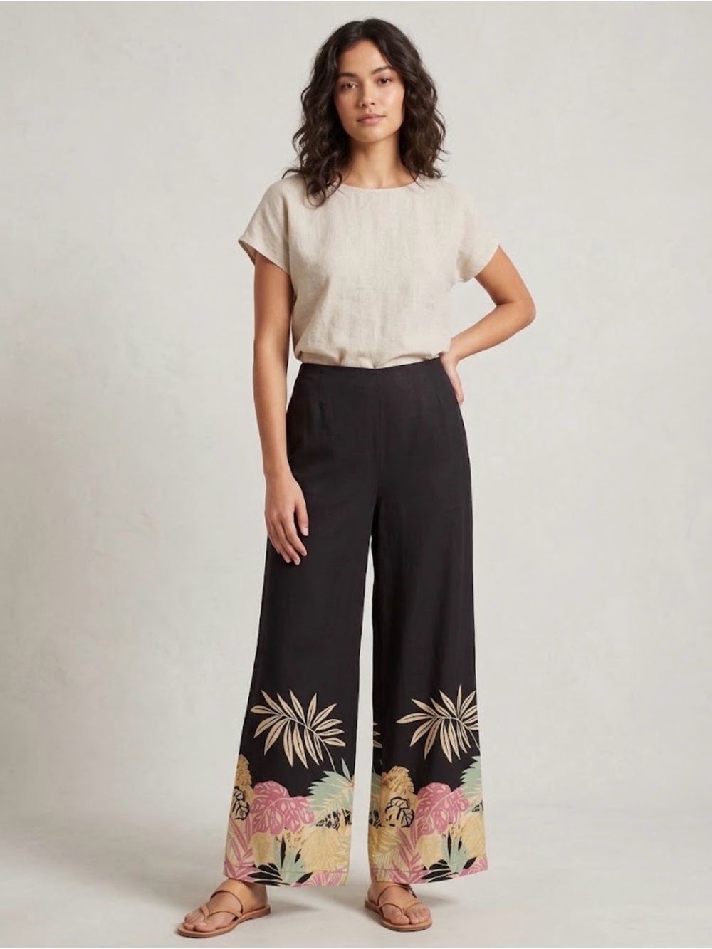 Tori Richard Wide-Leg Printed Hem 100% Silk Pants
